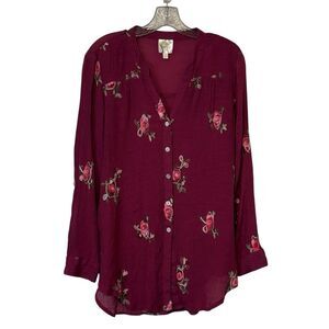 Fig and Flower Anthropologie Maroon Gauze V Neck Long Sleeve Button Up Blouse